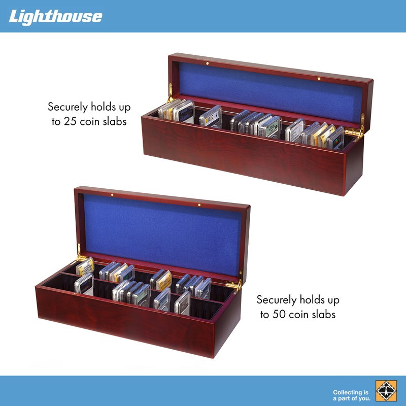 Leuchtturm منارة - صندوق عملات لـ 25 شريحة - مثالي لشريحة العملات المعتمدة من PCGS و NGC و ANACS و ICG والمزيد - تشطيب خشب الماهوجني, MSLBOX25 - Image 4